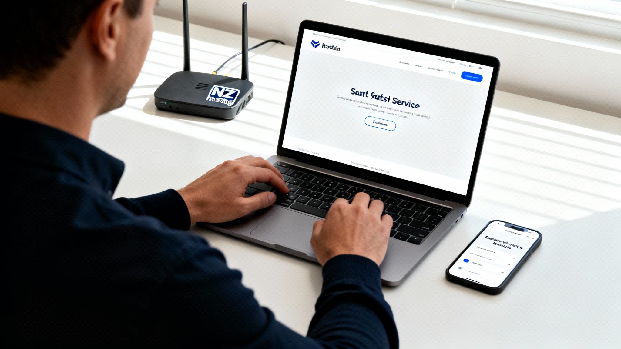 A person types on a laptop displaying a website, next to an "NZ Hosting" router and a smartphone.