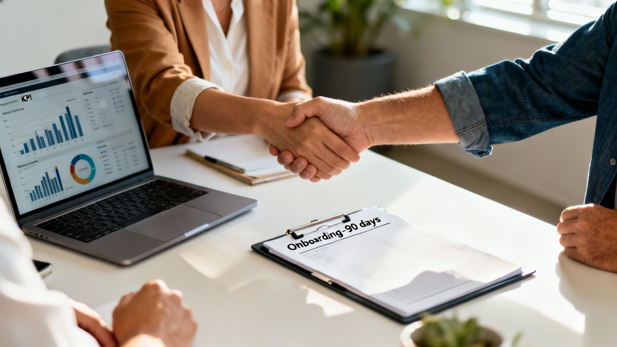 Two people shaking hands over a desk with a laptop displaying data and an onboarding document.