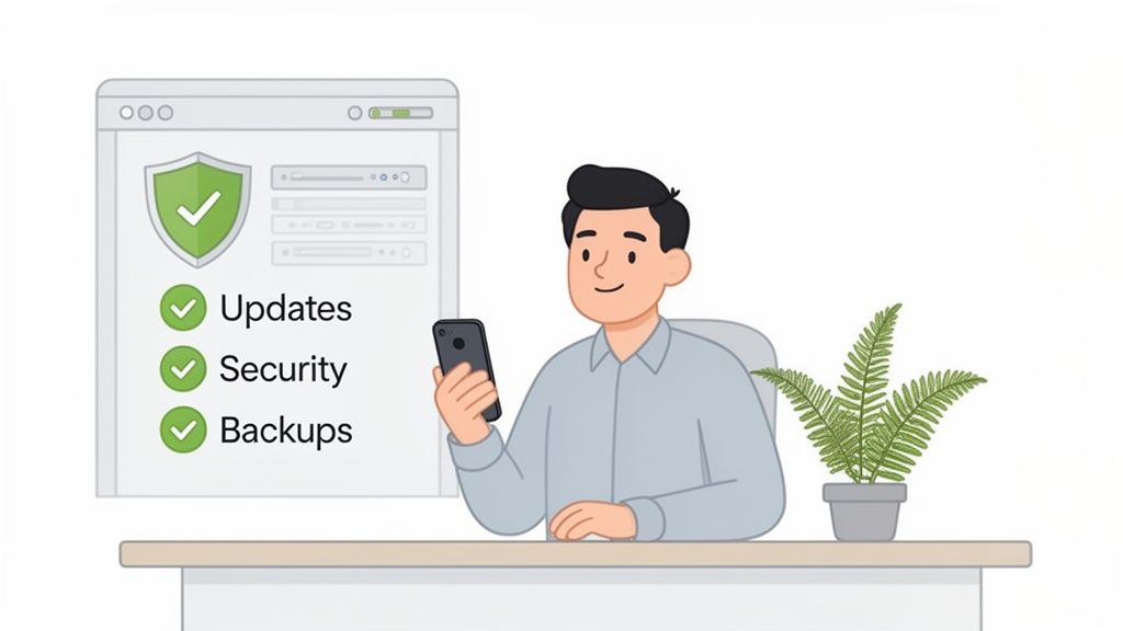 Illustration of a man checking his phone, with a screen showing security updates and backups.