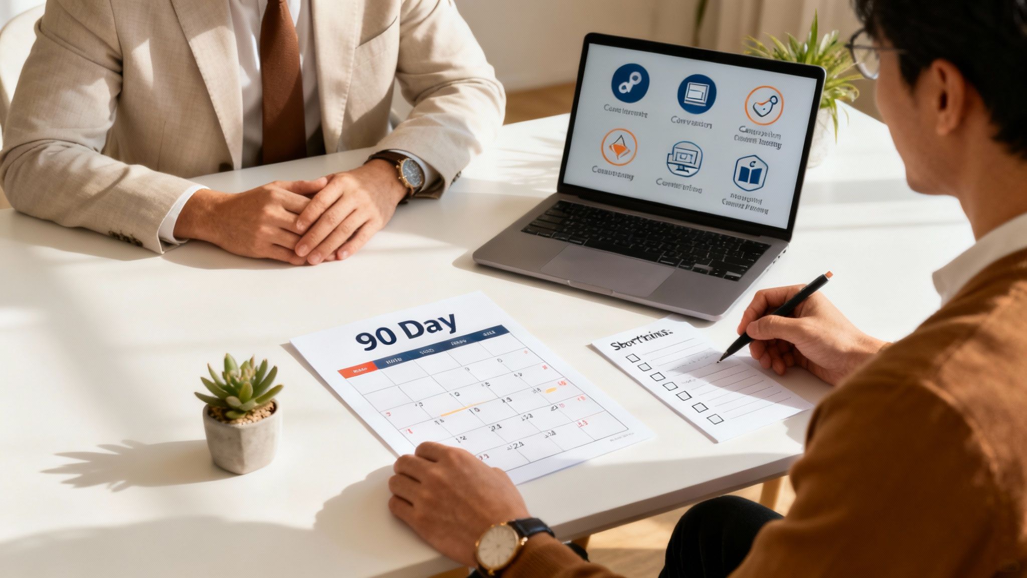 Two business professionals collaborating at a desk, reviewing a 90-day plan, laptop, and checklist.