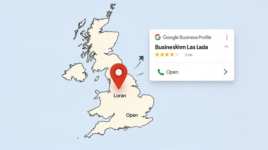 A map of the UK with a red location pin indicating 'Loran' and a Google Business Profile card showing 'Businessknm Las Lada' as open.