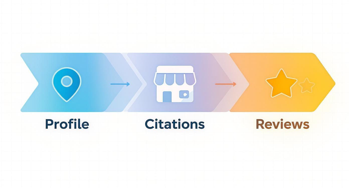 Infographic showing three stages of online presence: Profile with a location pin, Citations with a shop icon, and Reviews with stars.