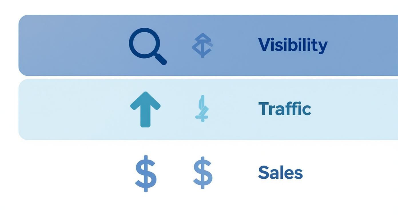 Three-tier diagram showing SEO progression from visibility to traffic to sales with icons