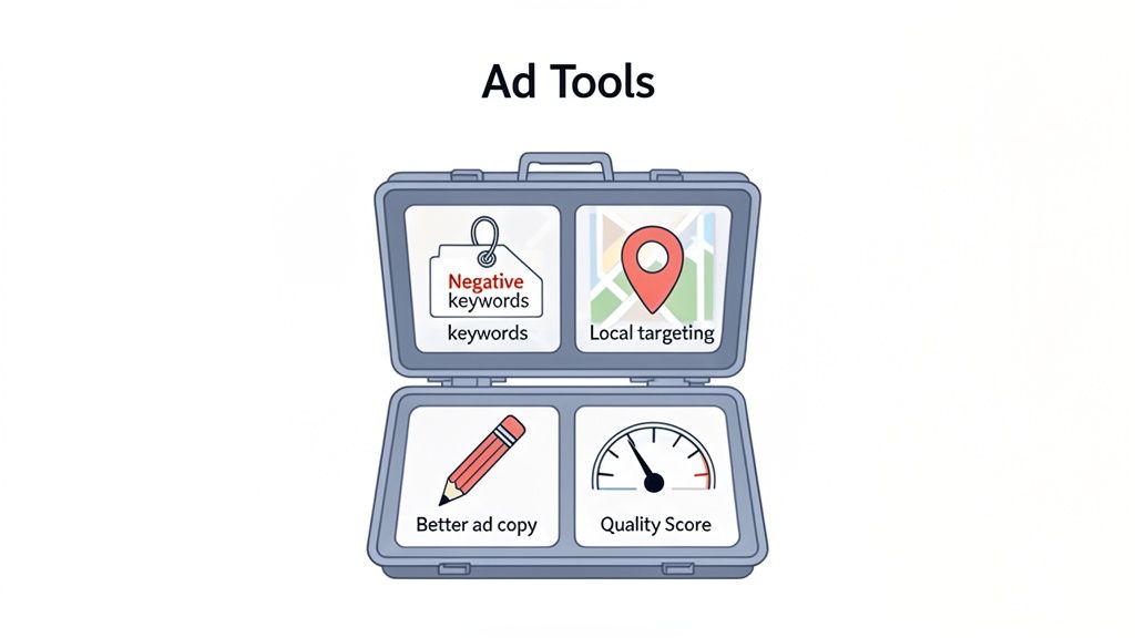 An open toolbox displaying four key ad tools: negative keywords, local targeting, better ad copy, and quality score.