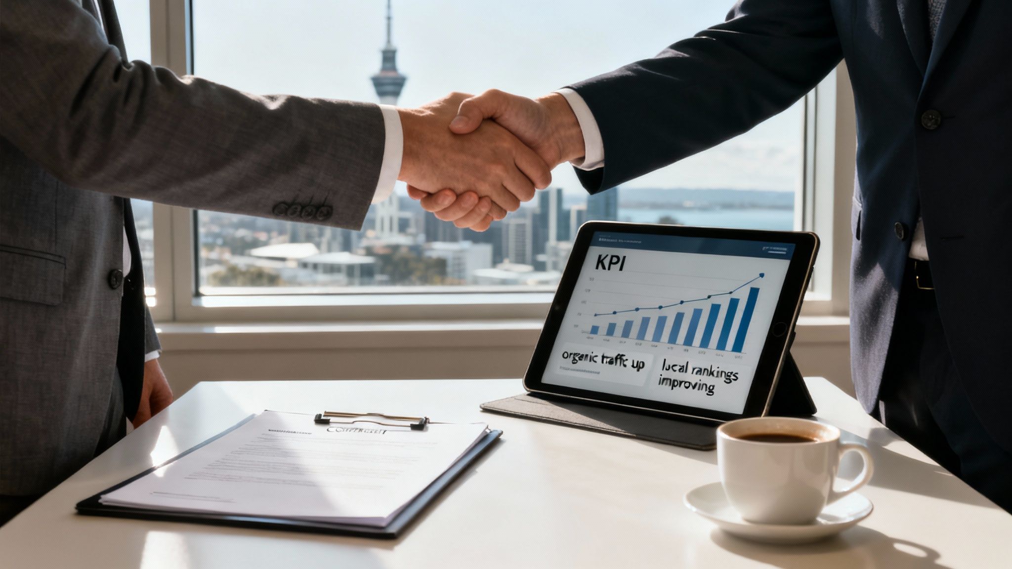 Two businessmen shake hands over a tablet showing improving organic traffic and local rankings, with a city view.