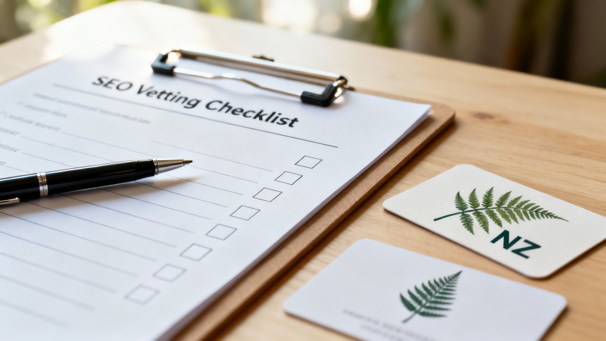 SEO vetting checklist on clipboard with pen and New Zealand fern branded business cards
