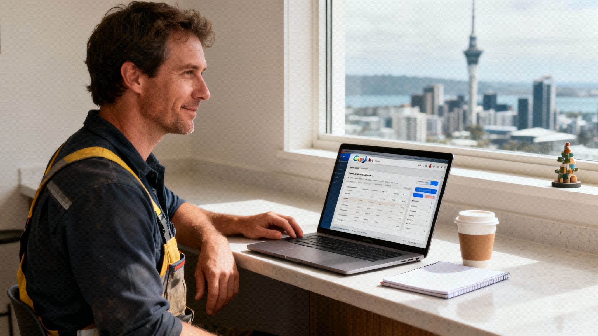Smiling man in work overalls sits at a counter using a laptop, overlooking a bustling city.