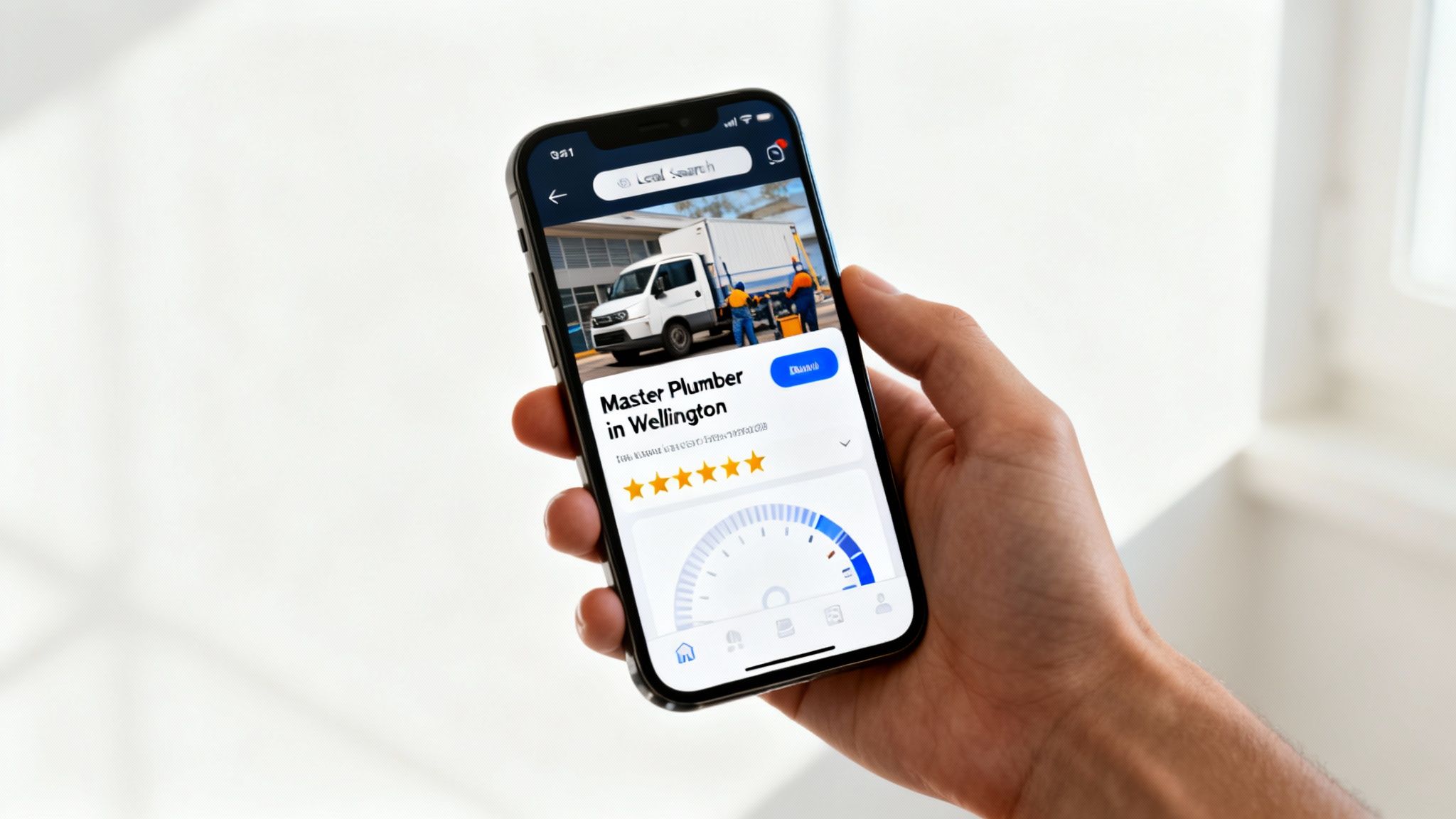A hand holds an iPhone displaying a local search app for 'Master Plumber in Wellington' with a 5-star rating.