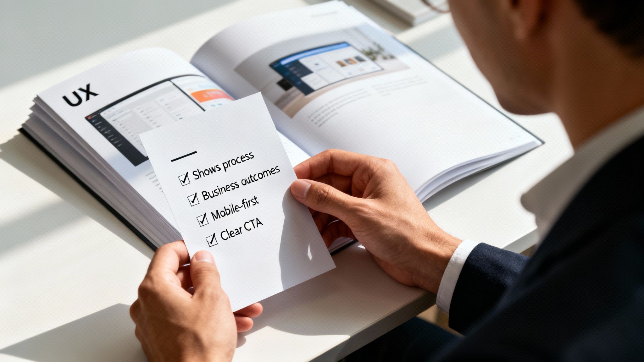 Man reviewing a UX design checklist over an open book with design concepts.