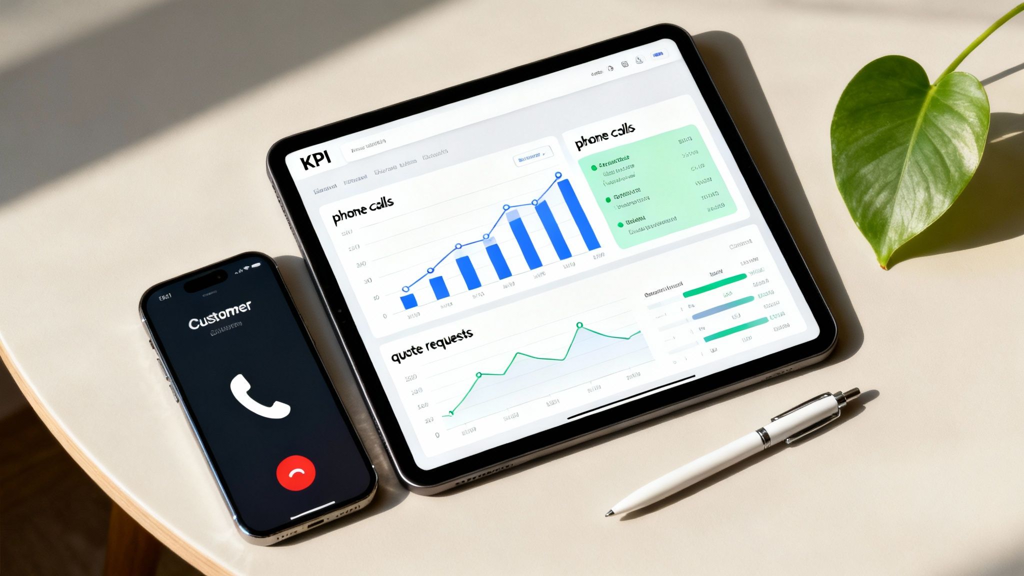 A business owner reviewing a dashboard of key performance indicators on a laptop with a colleague.