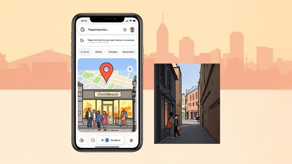 A smartphone displays a navigation app with a street view illustration against a city skyline.