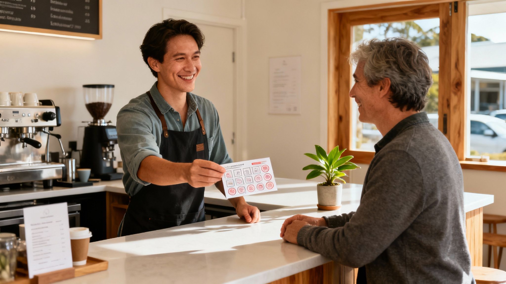A small business owner smiling as she hands a loyalty card to a customer over the counter of her boutique shop.