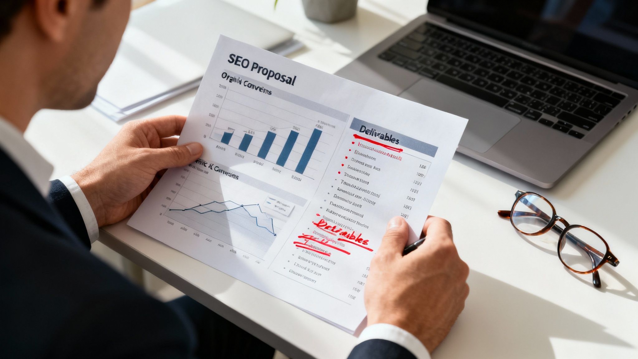 A professional reviews an SEO Proposal document, highlighting key deliverables and analyzing charts.