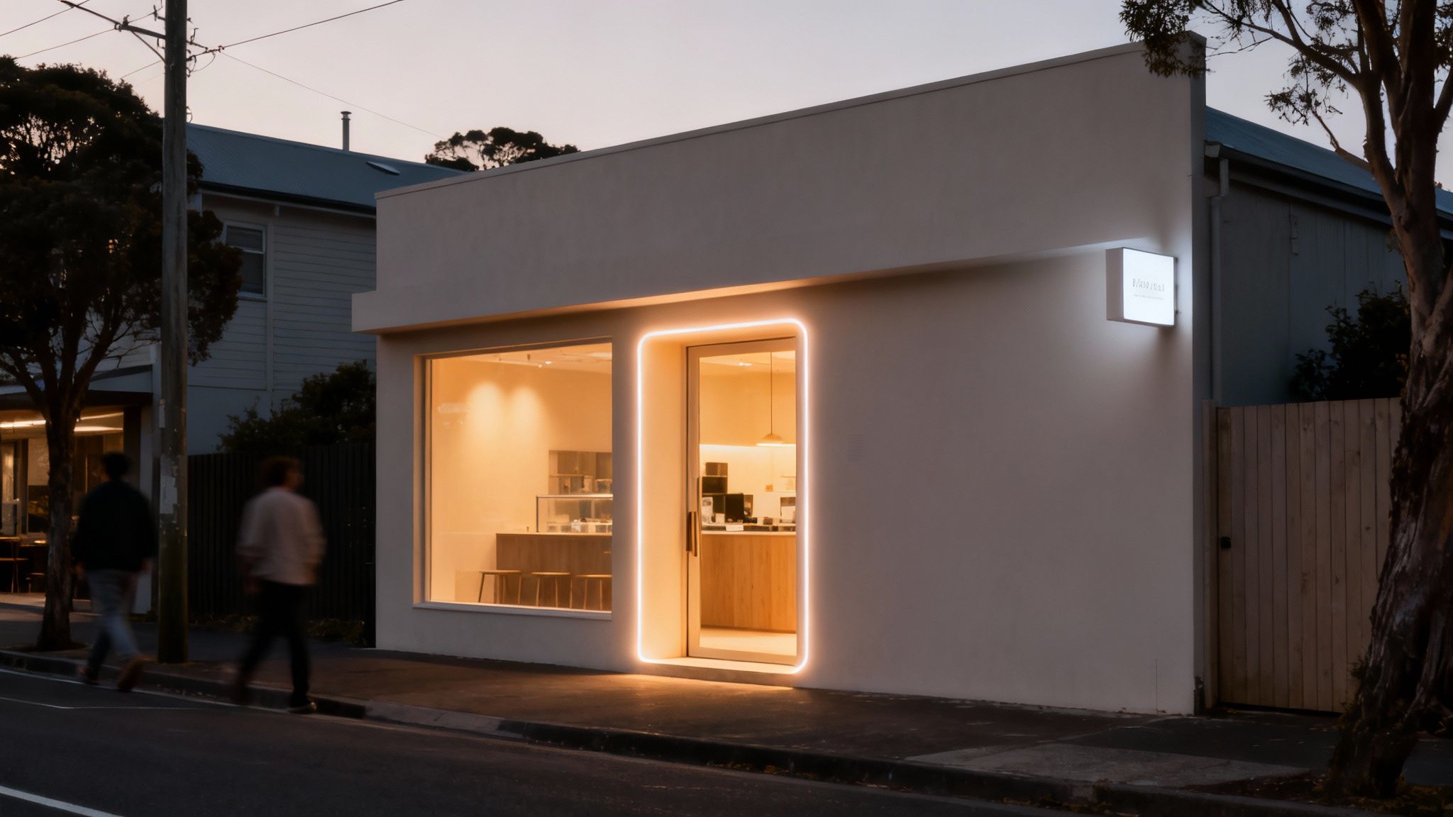 A modern cafe storefront with warm interior lights and a glowing entrance at dusk, with two blurred people walking by.