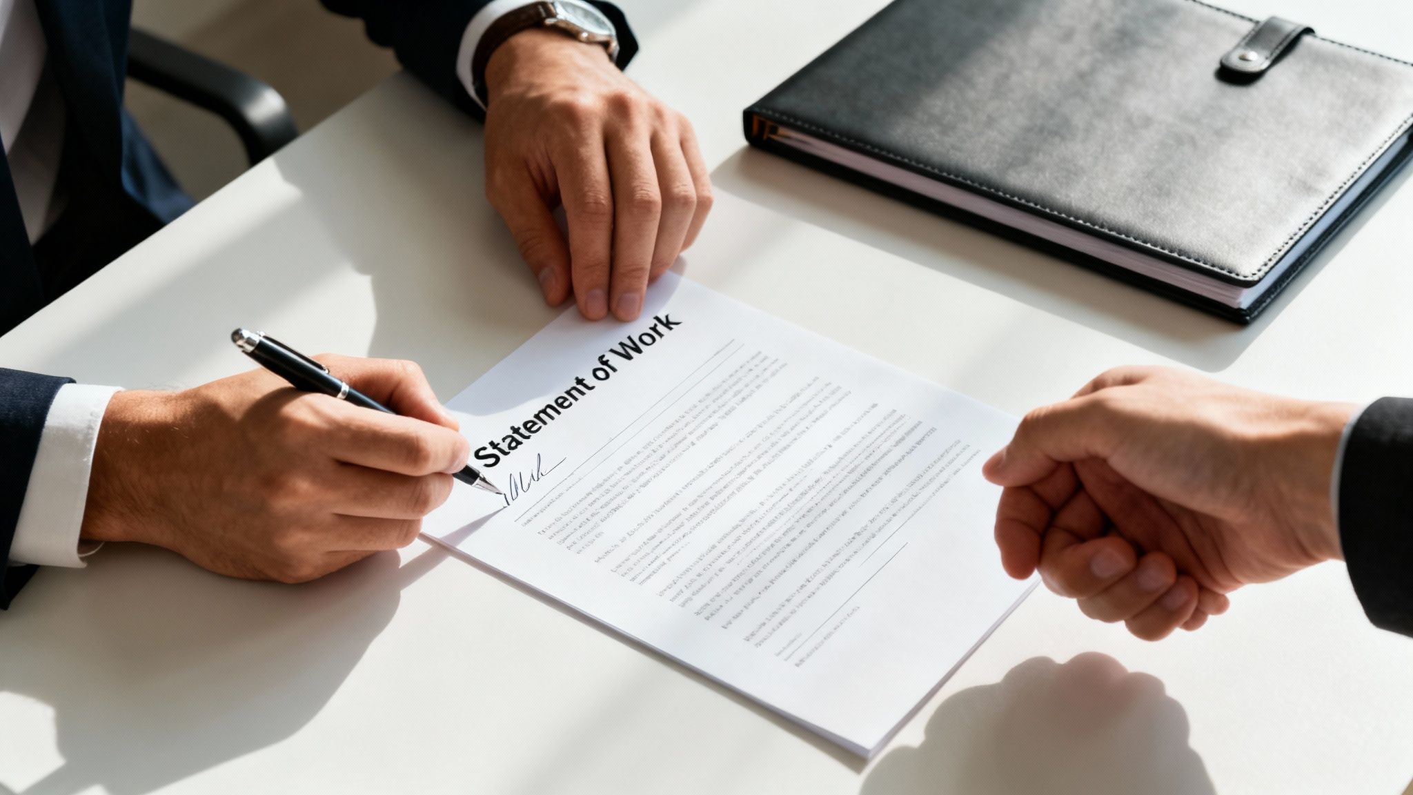 Two business people at a white desk, one signing a 'Statement of Work' document with a pen.