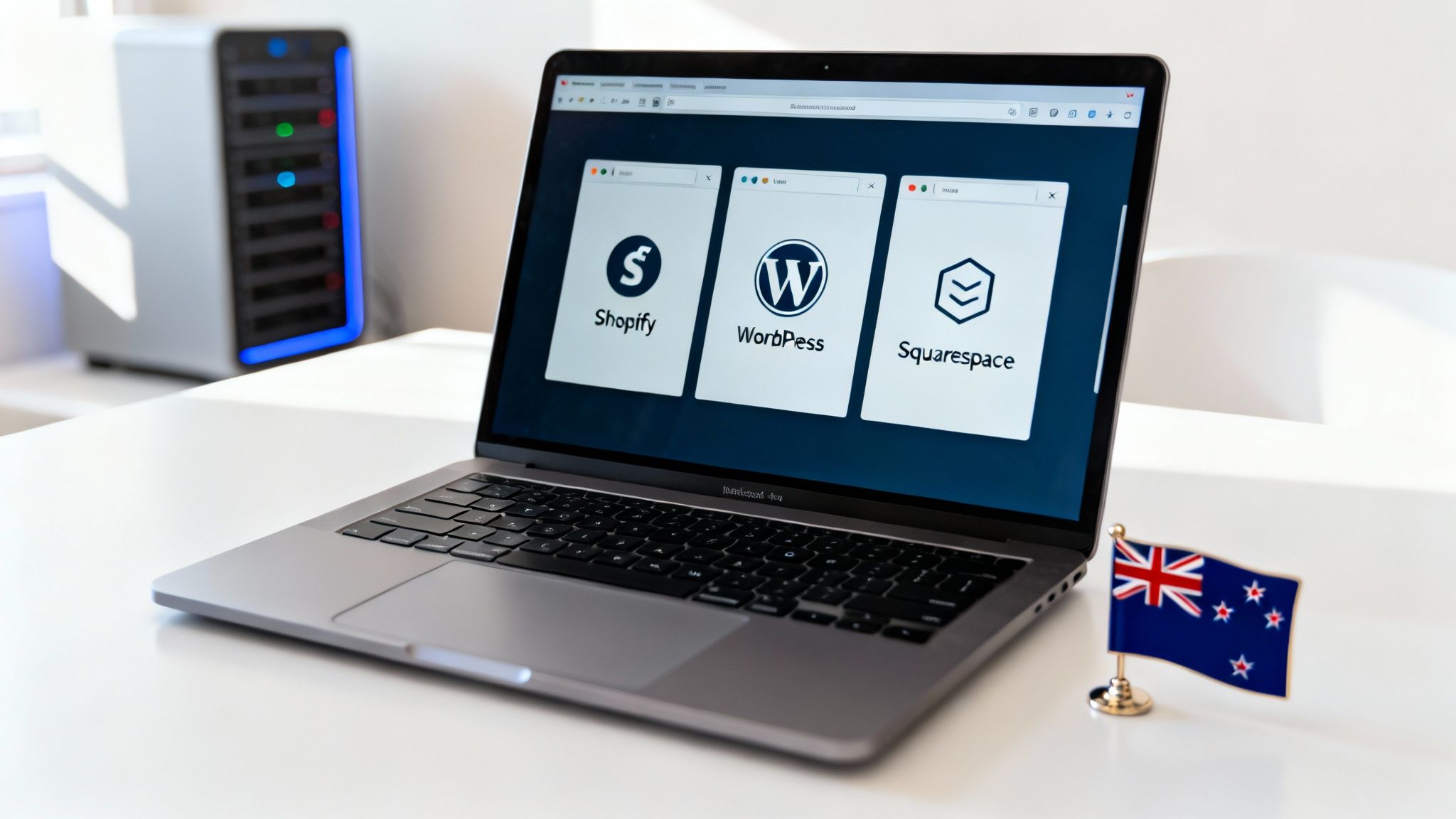 A laptop on a white desk displays website builder options: Shopify, WordPress, and Squarespace, with a New Zealand flag.