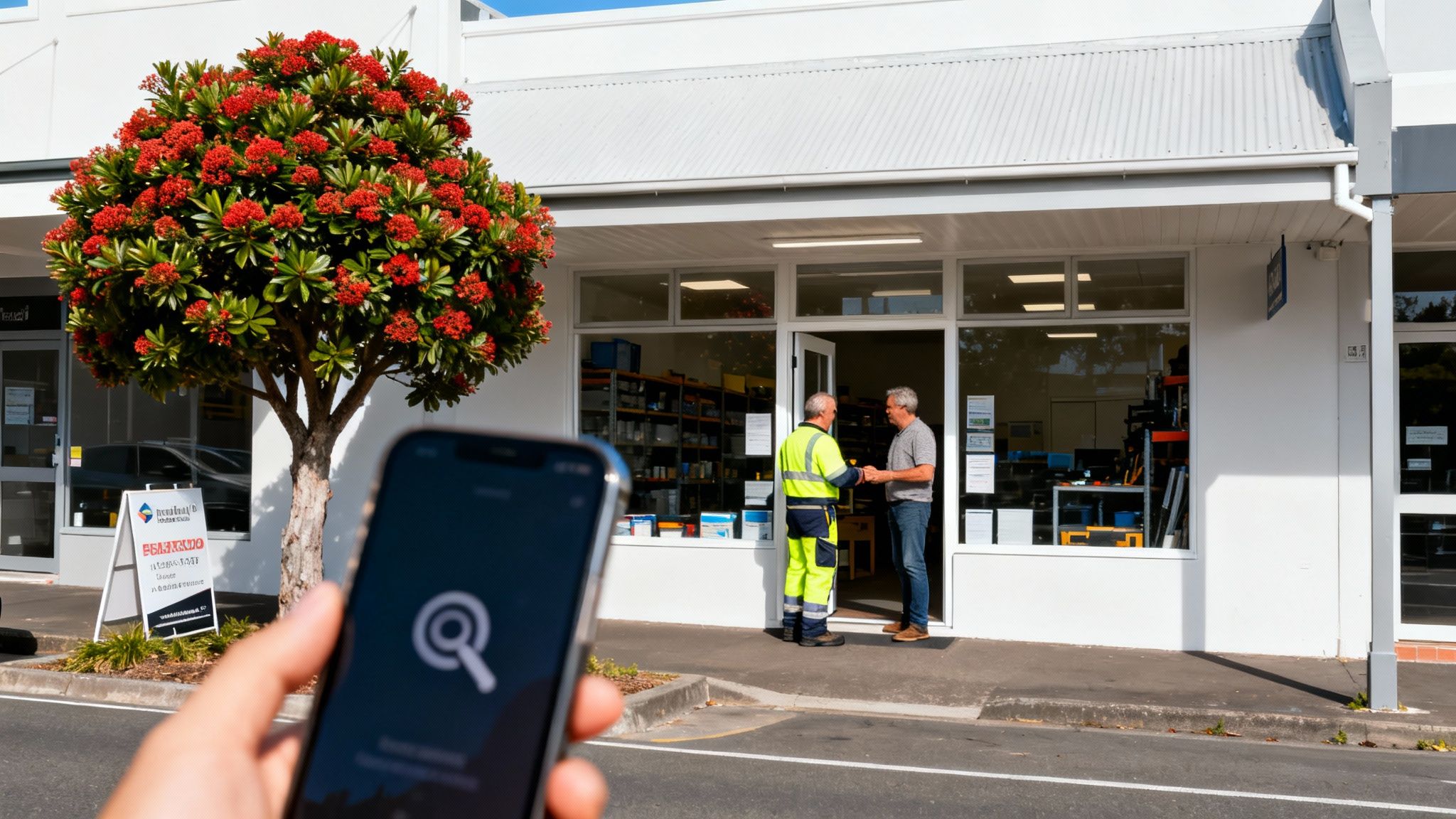 A person holds a smartphone with a search app, viewing two men talking outside a business.