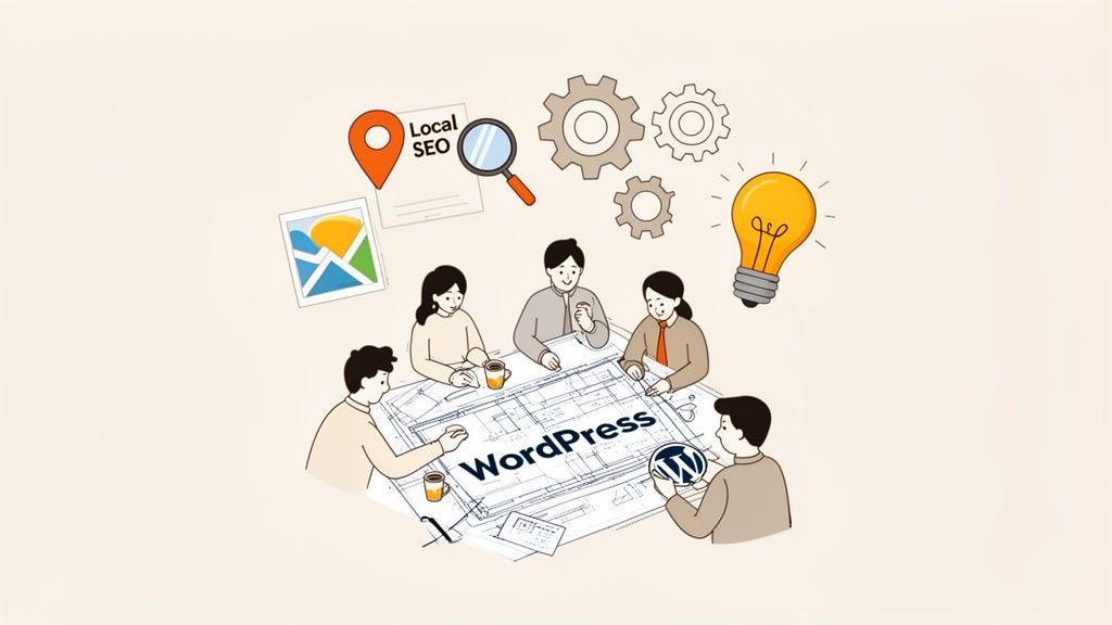 A team collaborates on a WordPress website design blueprint, surrounded by SEO, ideas, and strategy symbols.