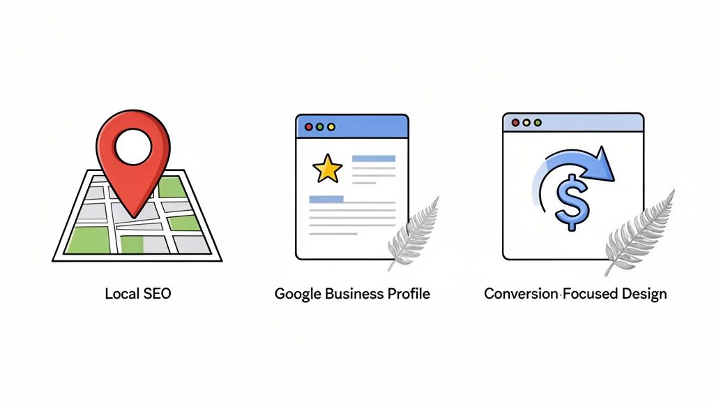 Illustrations of Local SEO, Google Business Profile, and Conversion-Focused Design services for businesses.
