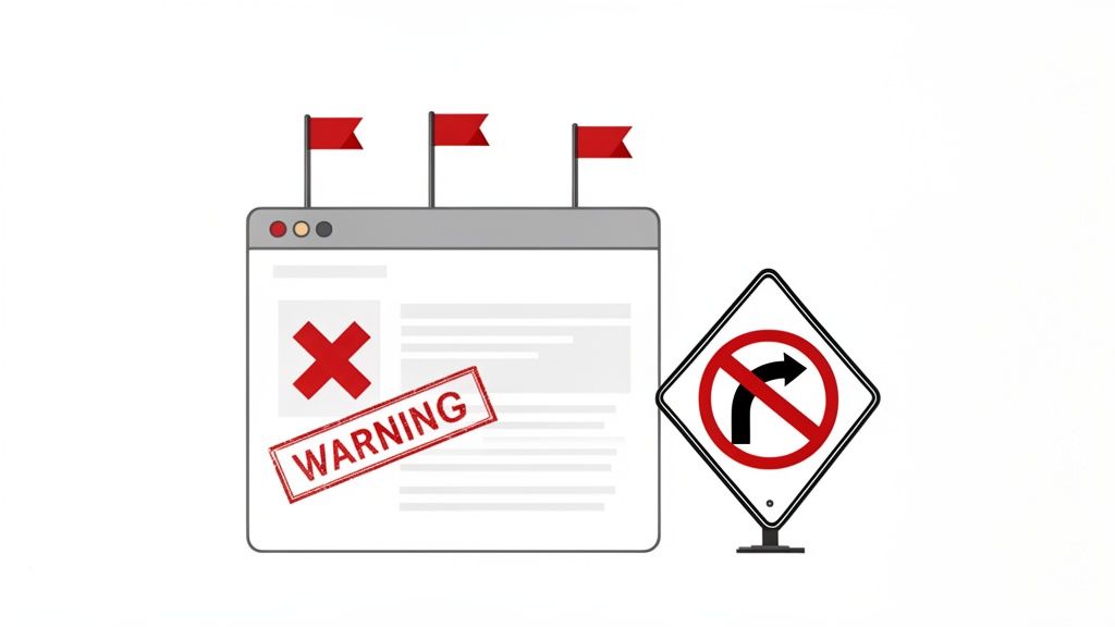 Illustration of online content warnings, red flags, and a no right turn sign.