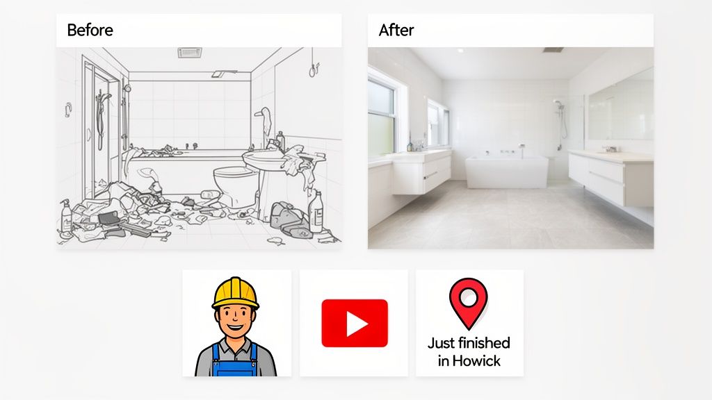 Before and After comparison of a bathroom renovation, showing a messy original and a clean, modern new bathroom.