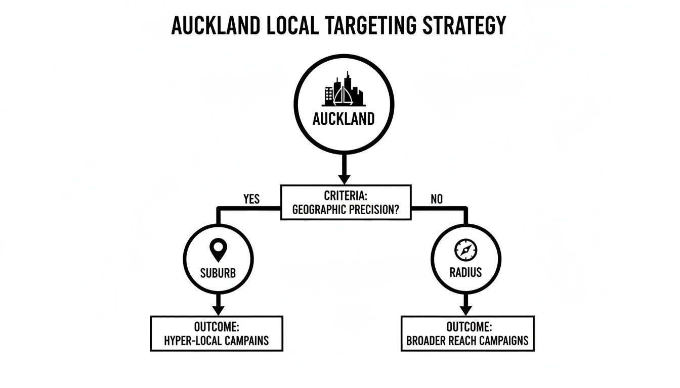 Flowchart outlining Auckland's local targeting strategy, detailing hyper-local or broader campaigns based on geographic precision.