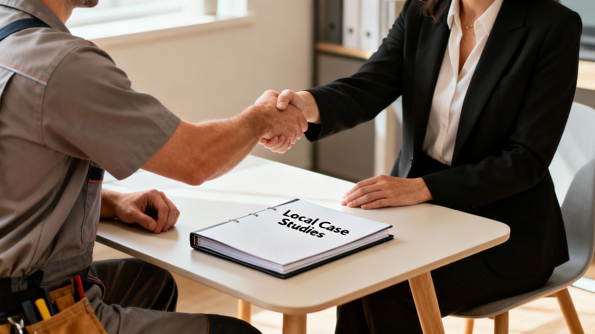 A tradesman and a businesswoman shake hands over a binder titled 'Local Case Studies'.