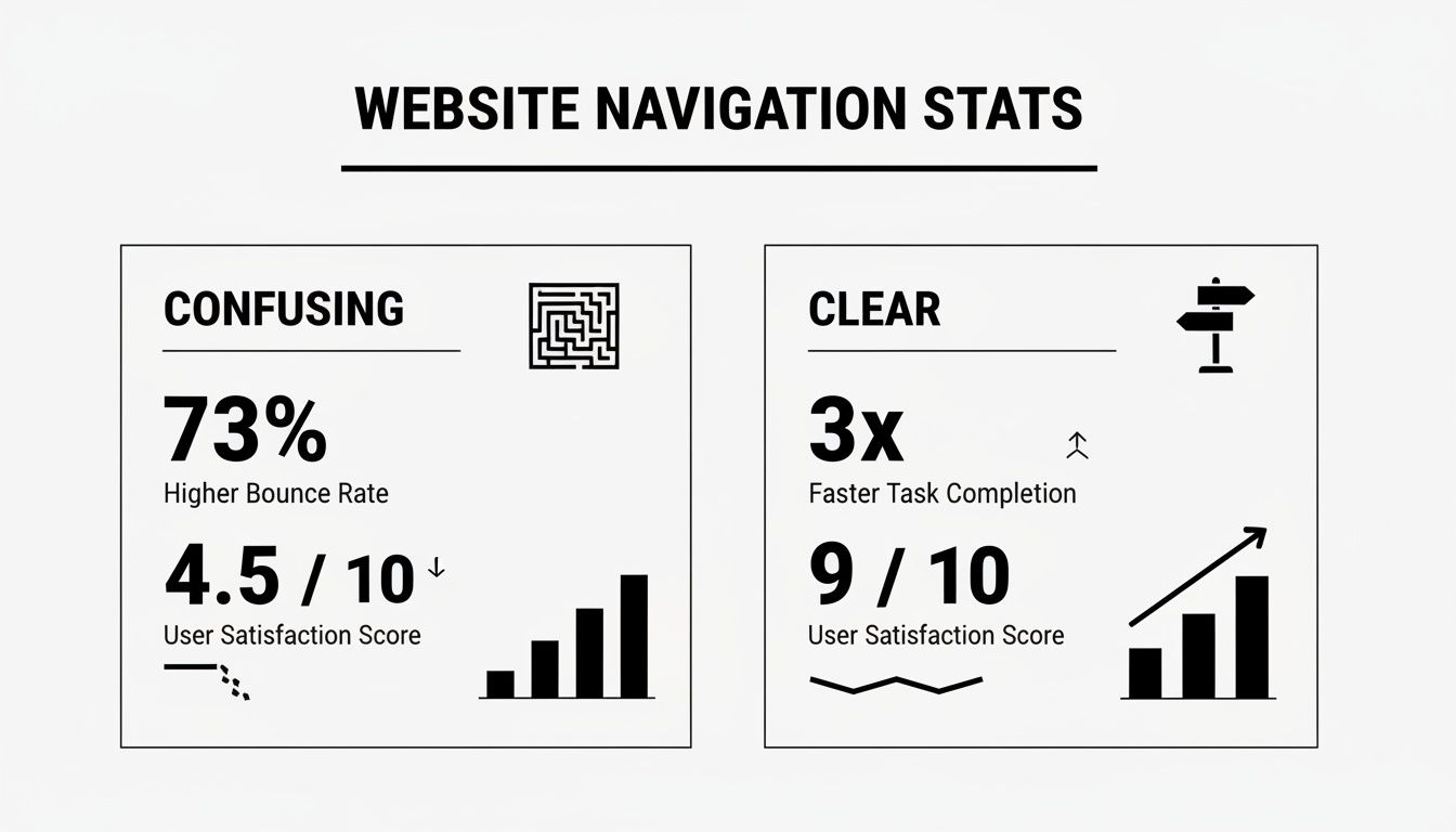 Infographic comparing confusing vs. clear website navigation stats, showing bounce rate, task completion, and user satisfaction.