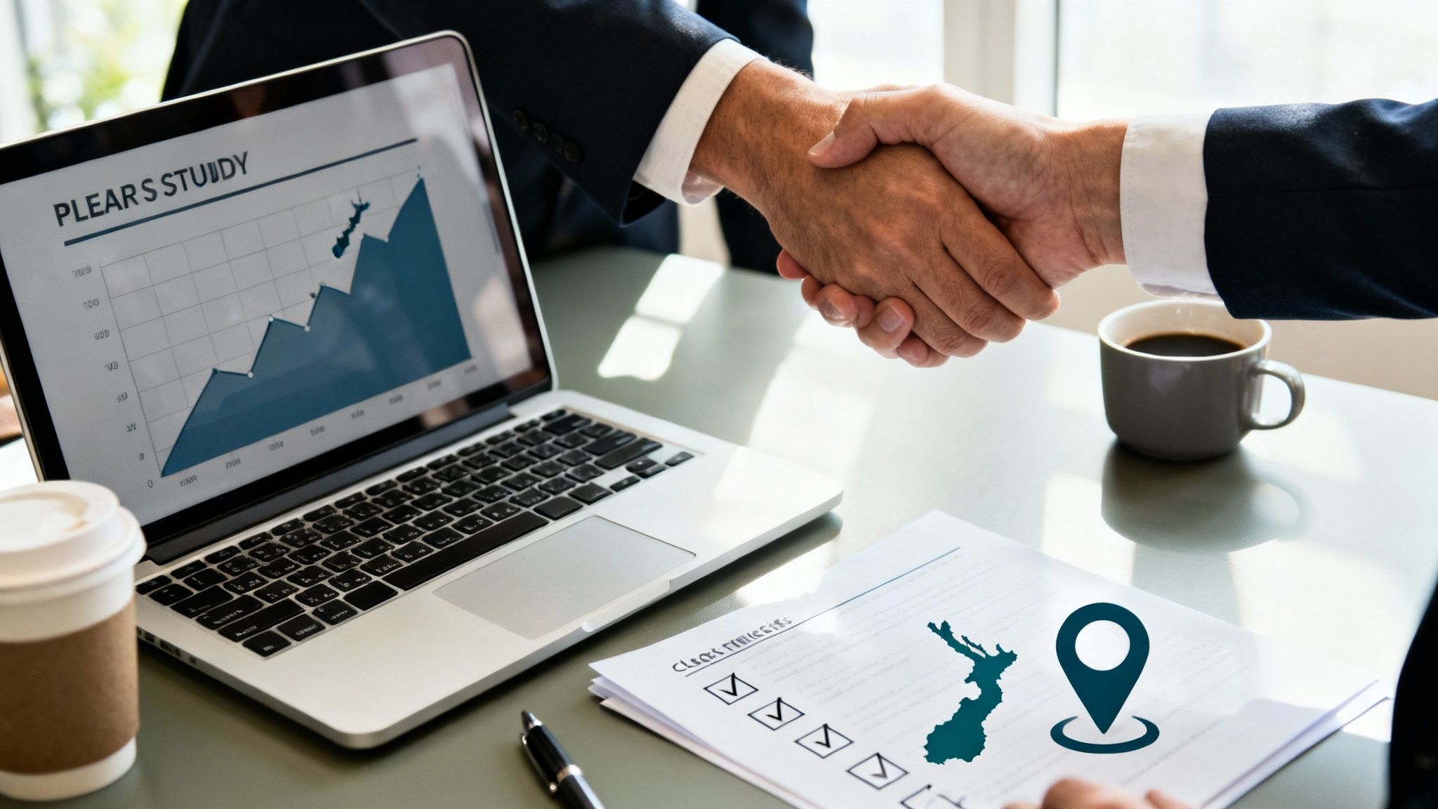 Two business people shaking hands over a laptop displaying a New Zealand market study.
