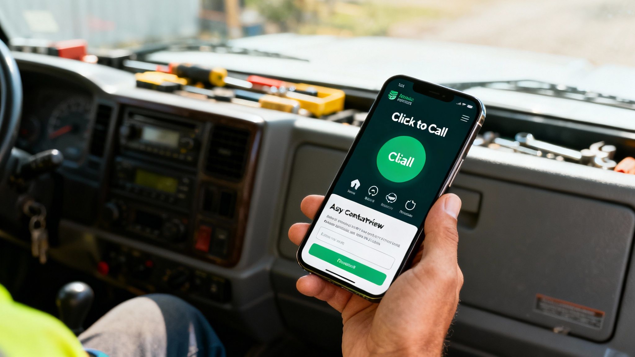 A tradie holds a smartphone inside a vehicle, displaying a 'Click to Call' mobile app.