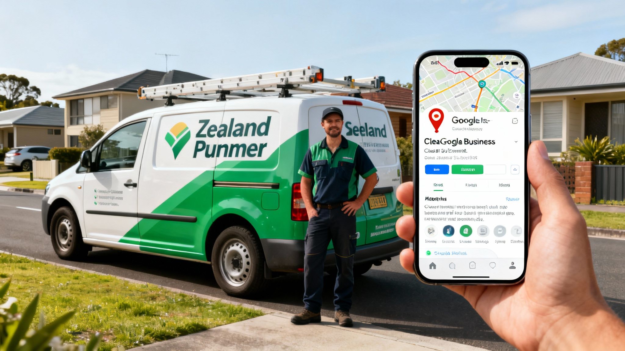 A smiling tradesperson in uniform stands by a branded work van in a residential area, with a phone showing a business listing.