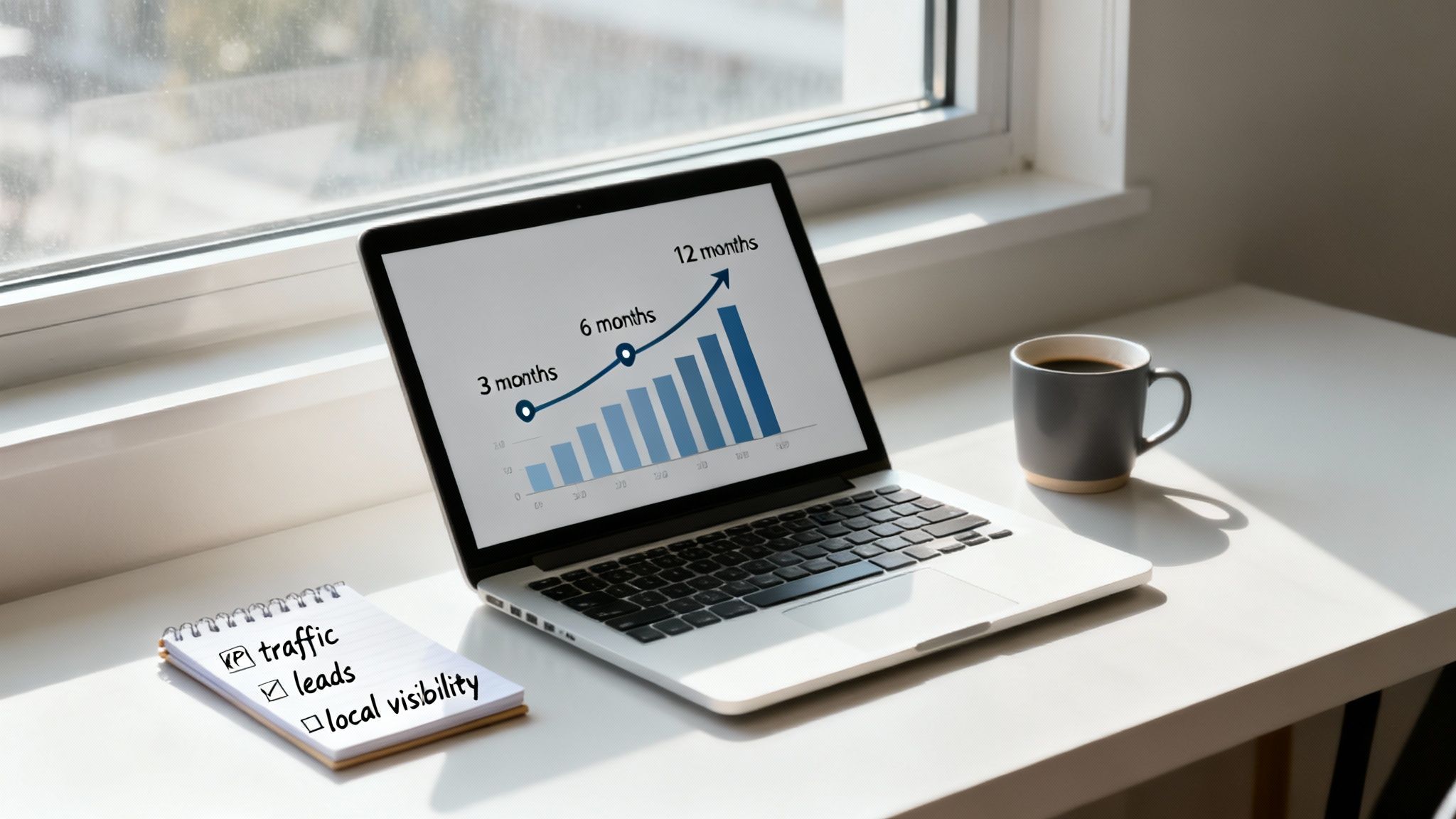 Laptop displaying growth chart with traffic and leads checklist showing SEO progress over twelve months