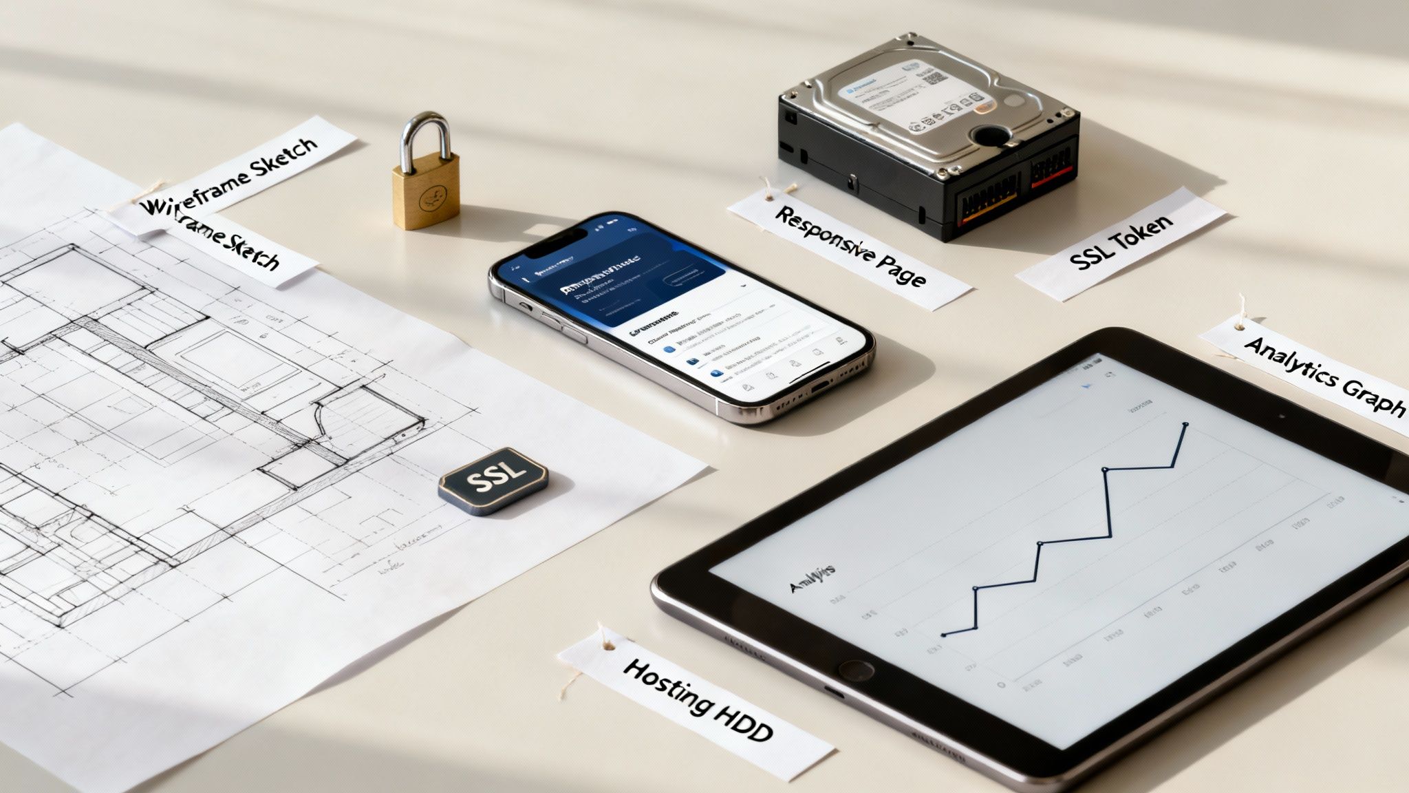 A flat lay of web development tools including a wireframe, phone, tablet with analytics, HDD, and SSL token.