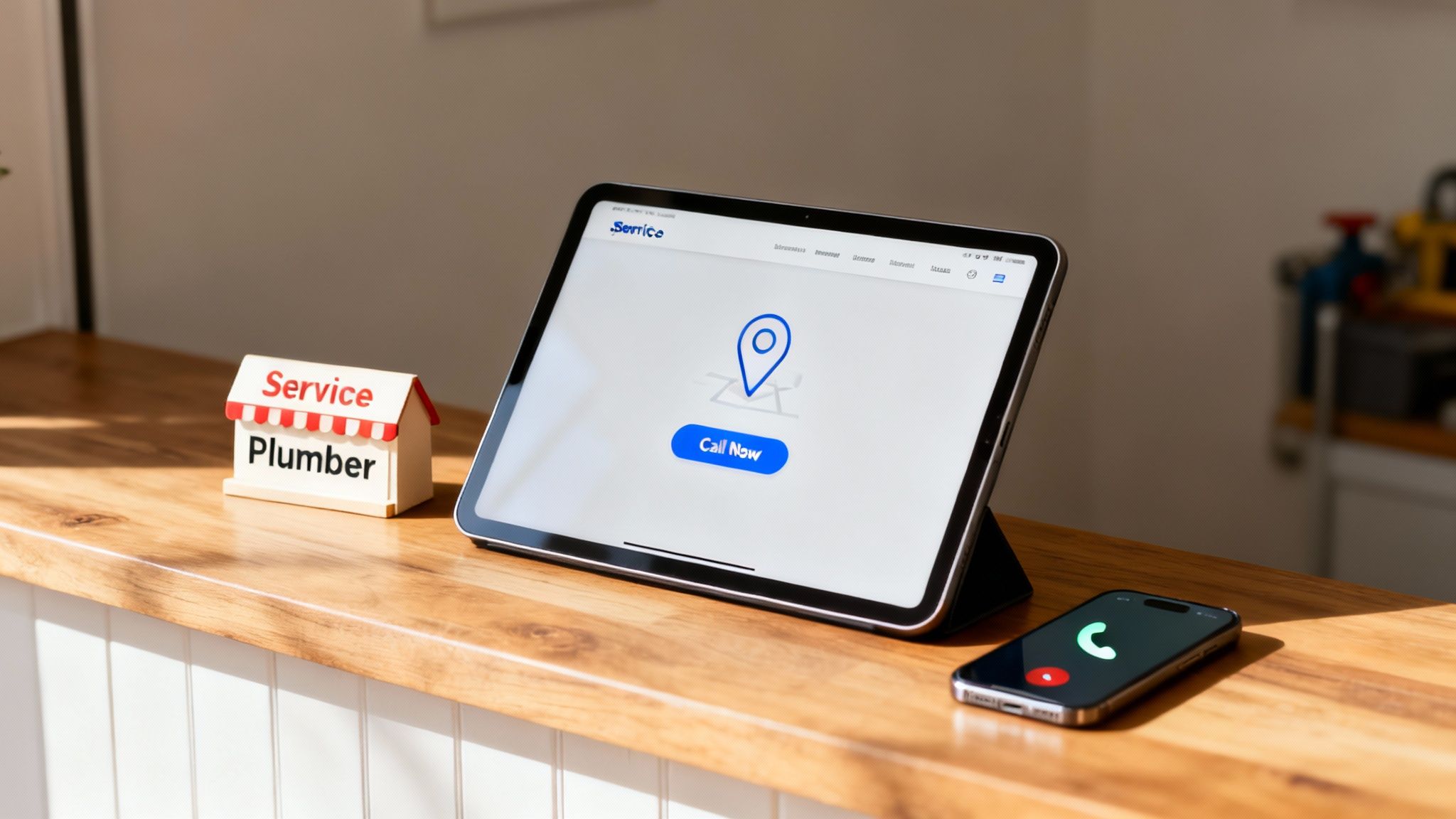 A tablet shows a plumber service app with a call now button, next to a plumber sign and a phone.