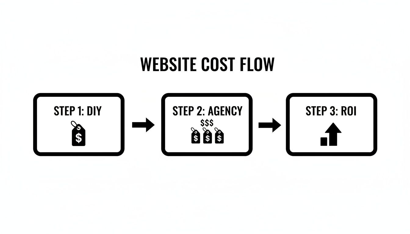 Flowchart illustrating website cost progression: DIY, Agency, and ROI. Shows development and return stages.