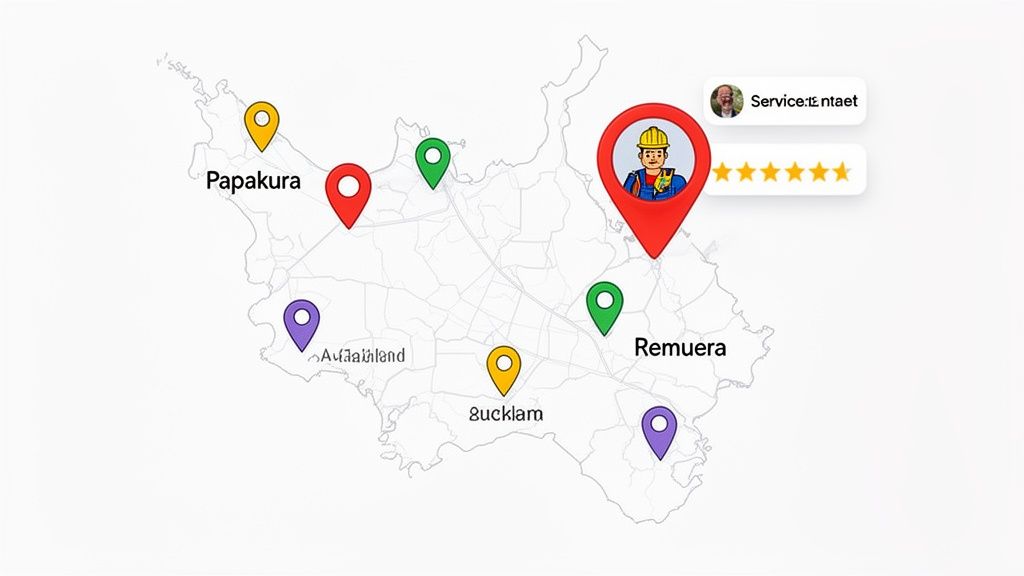 Map displaying various service locations and a top-rated service provider in the Auckland region.