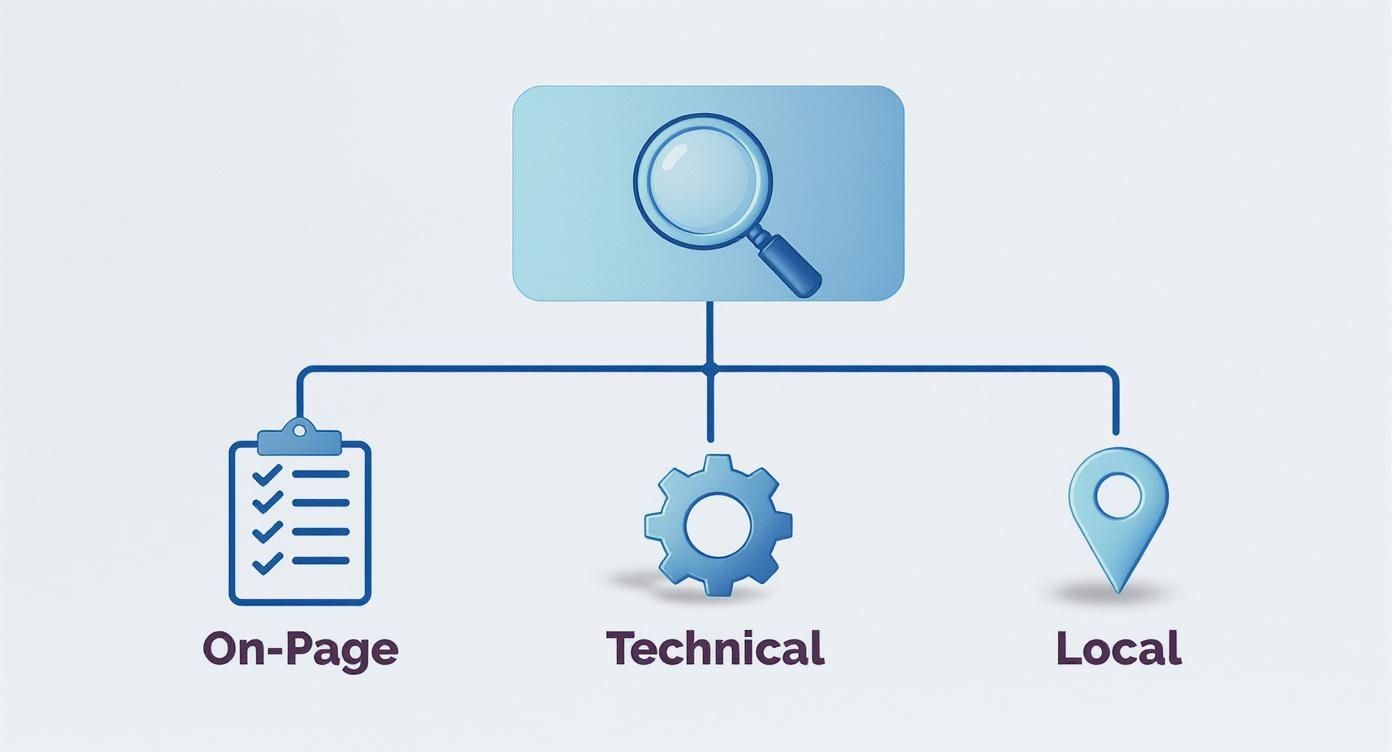 Three pillars of SEO strategy showing on-page, technical, and local optimization with magnifying glass above