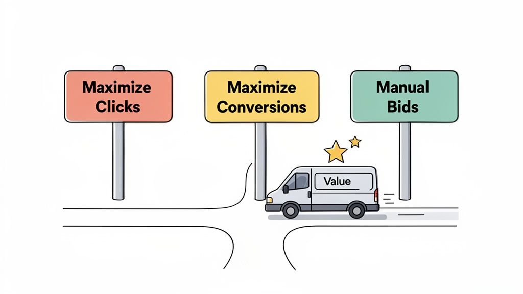 Illustration of advertising bidding strategies: Maximize Clicks, Maximize Conversions, and Manual Bids. A value van heads towards conversions.