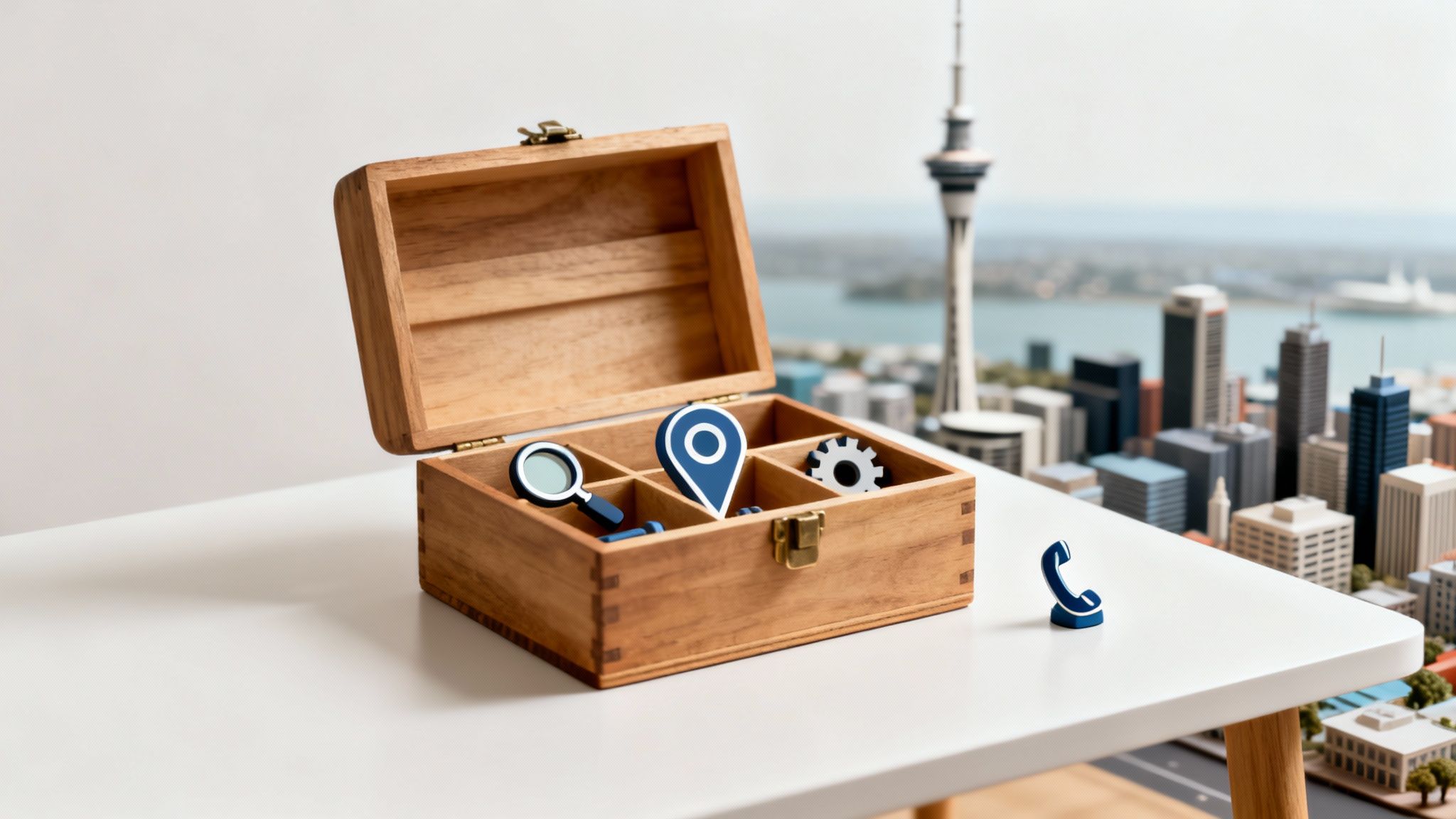 Open wooden box on white table with SEO tool icons like location pin, magnifying glass, gear, and a phone icon, set against a blurred Auckland cityscape.