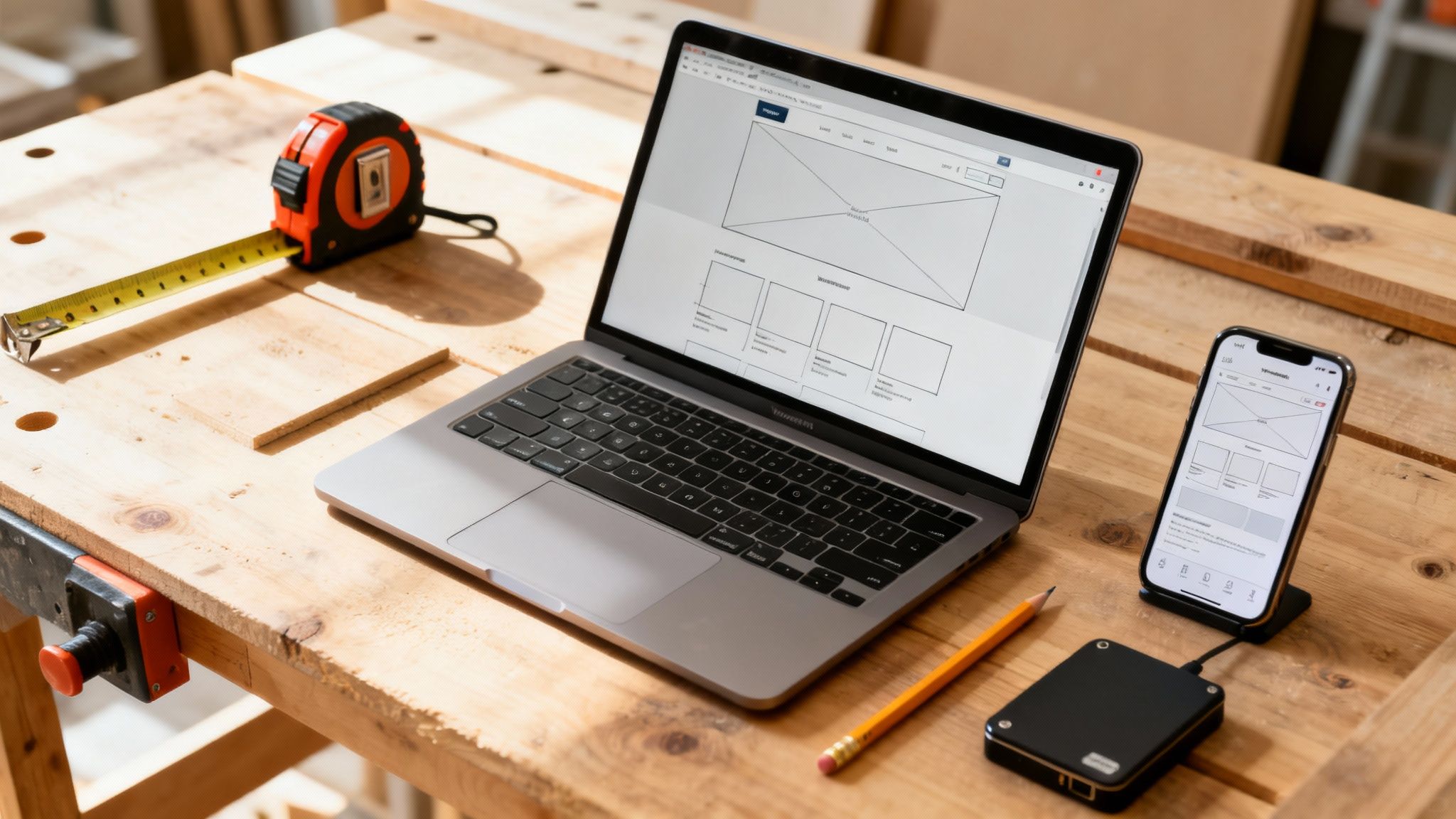 A laptop and smartphone displaying website wireframes, with a tape measure and pencil on a wooden workbench.