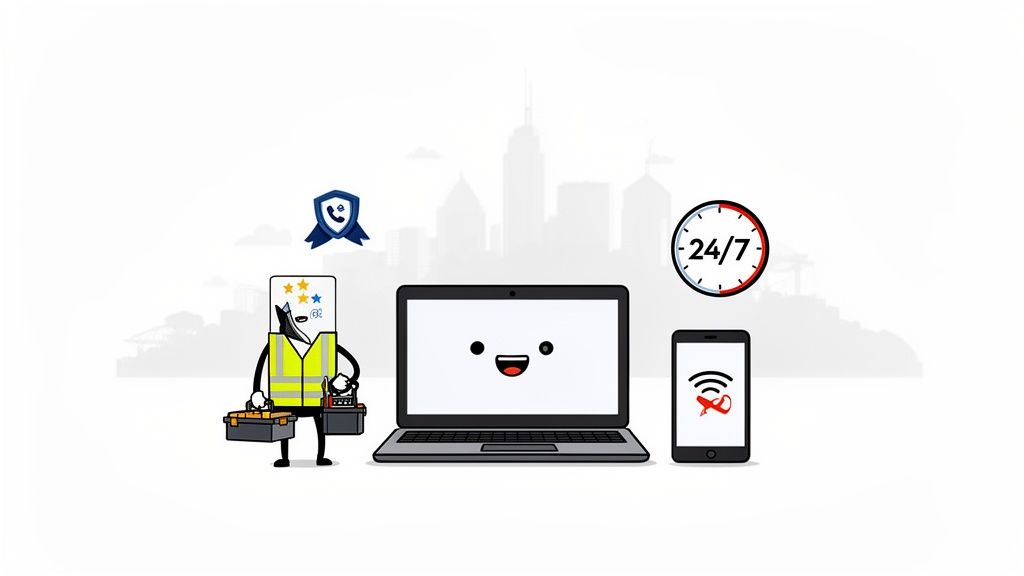 Cartoon tech support with technician, happy laptop, no Wi--Fi phone, and 24/7 service icon.