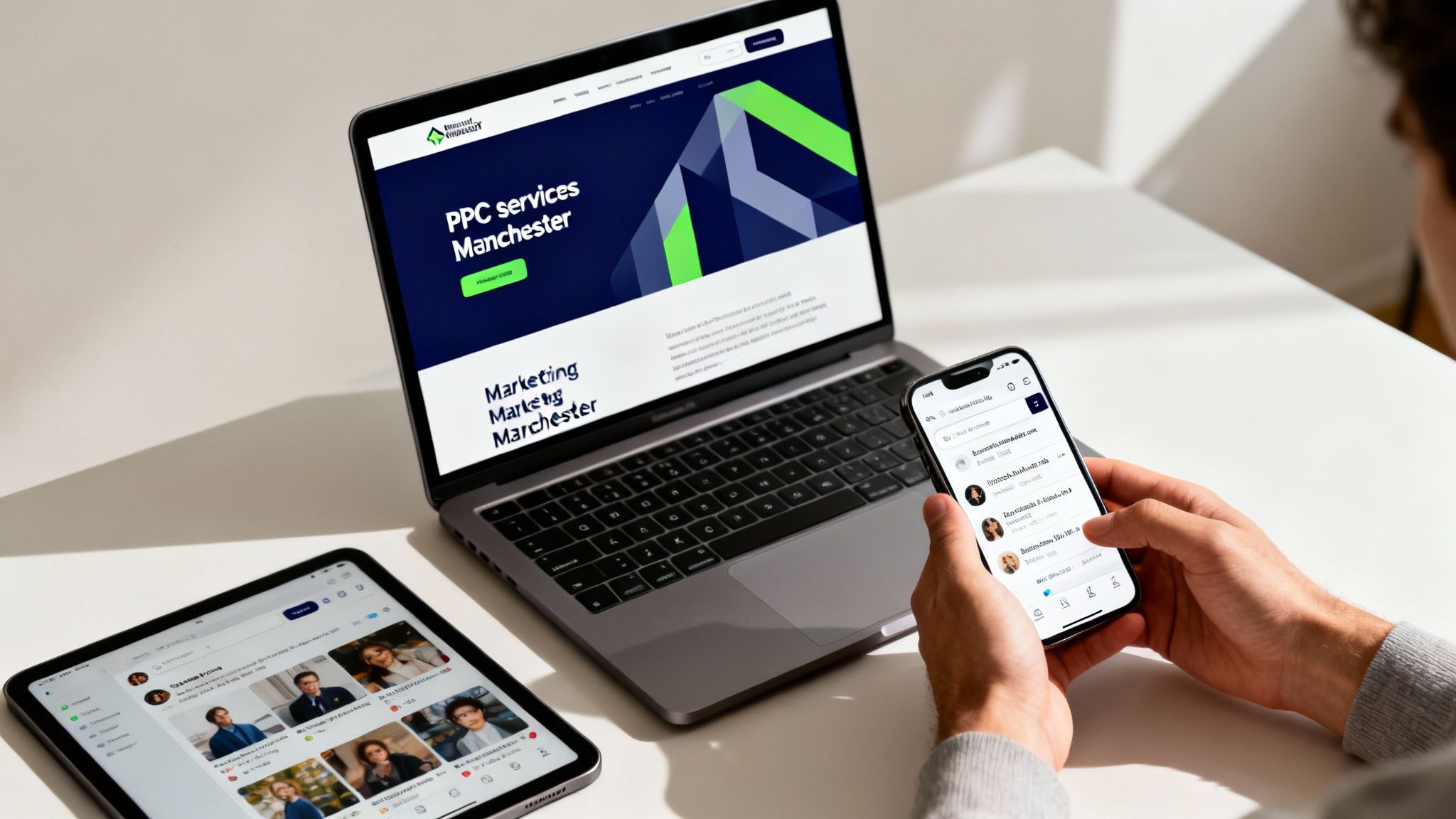 Modern workspace with a laptop, smartphone, and tablet displaying a marketing agency website and social media.