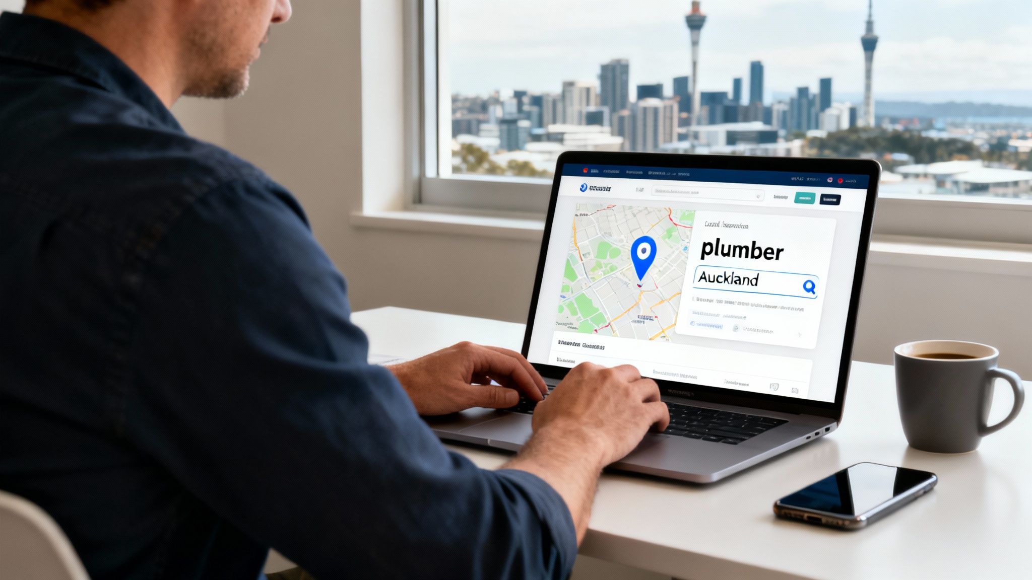 A man uses a laptop to search for a plumber in Auckland, New Zealand, with a city skyline view.
