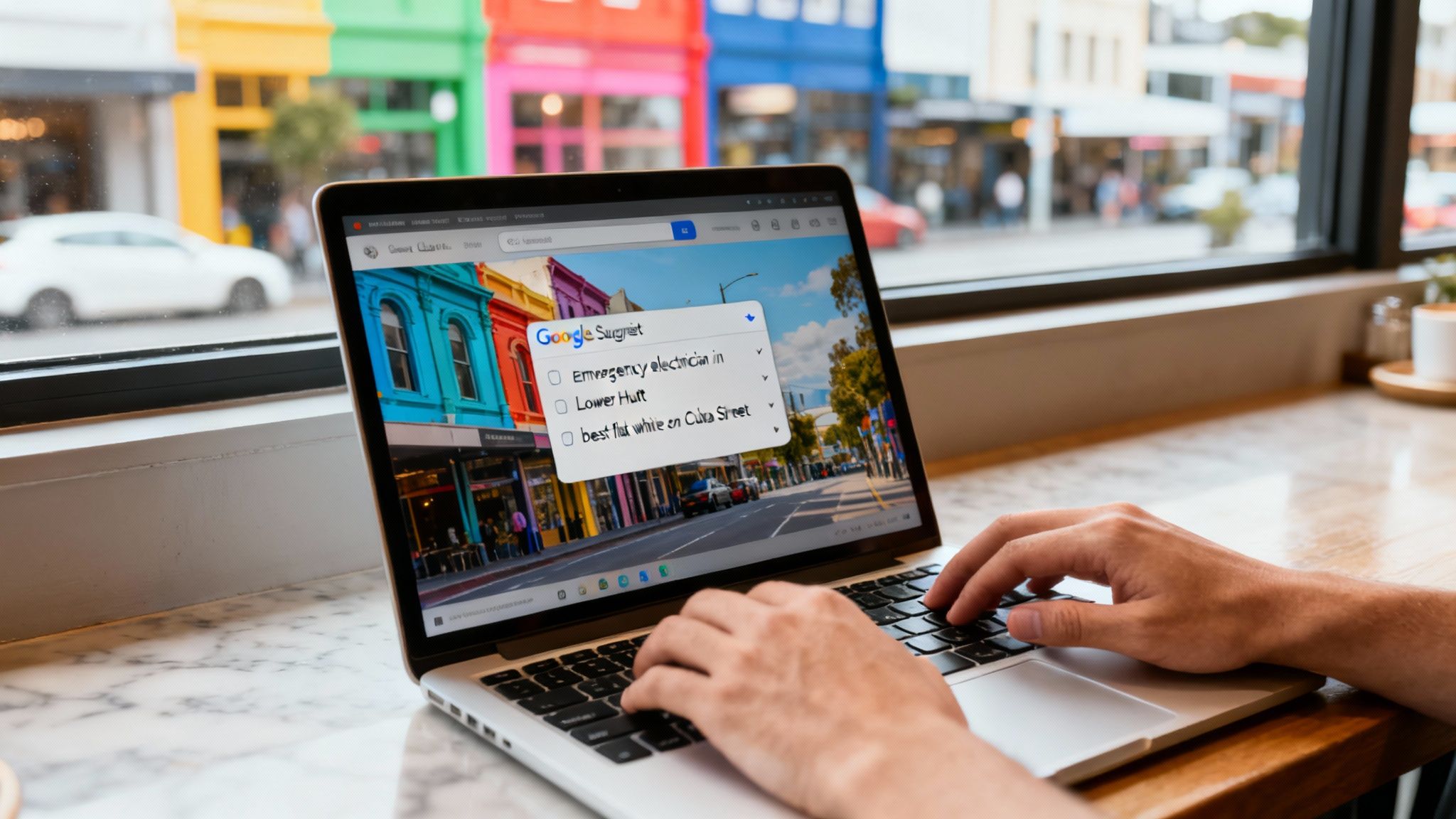 Person typing on a laptop displaying Google search results for local services in Wellington.