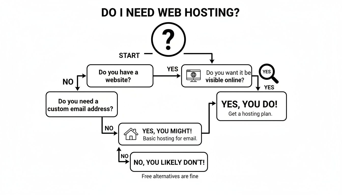 A flowchart asking 'Do I need web hosting?' with questions about websites, online visibility, and custom email addresses.