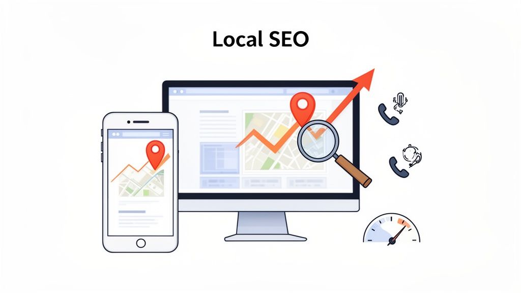 Local SEO strategy visual with mobile and desktop maps, location pins, search, and performance metrics.