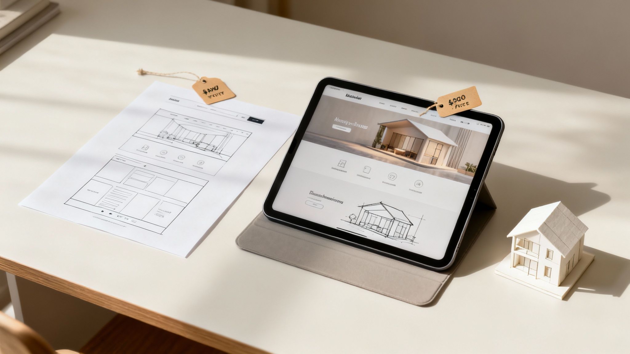 A person at a desk drawing website design wireframes on a tablet.