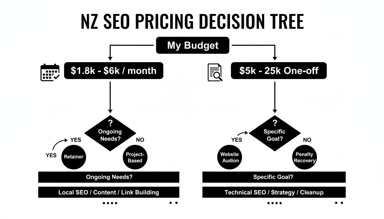 NZ SEO pricing decision tree flowchart illustrating budget-based options for ongoing and specific project needs.