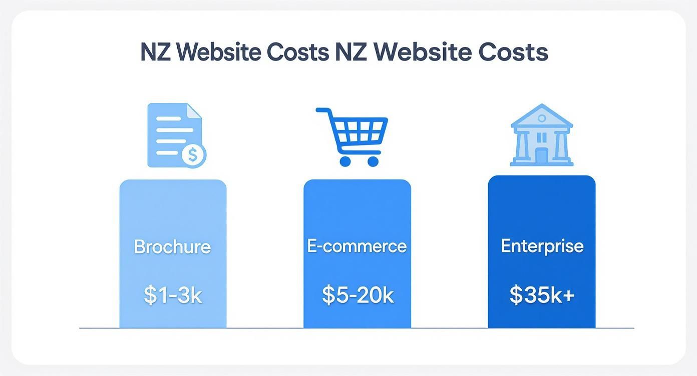 Bar chart displaying NZ website costs: Brochure websites from $1-3k, E-commerce websites from $5-20k, and Enterprise websites $35k+.