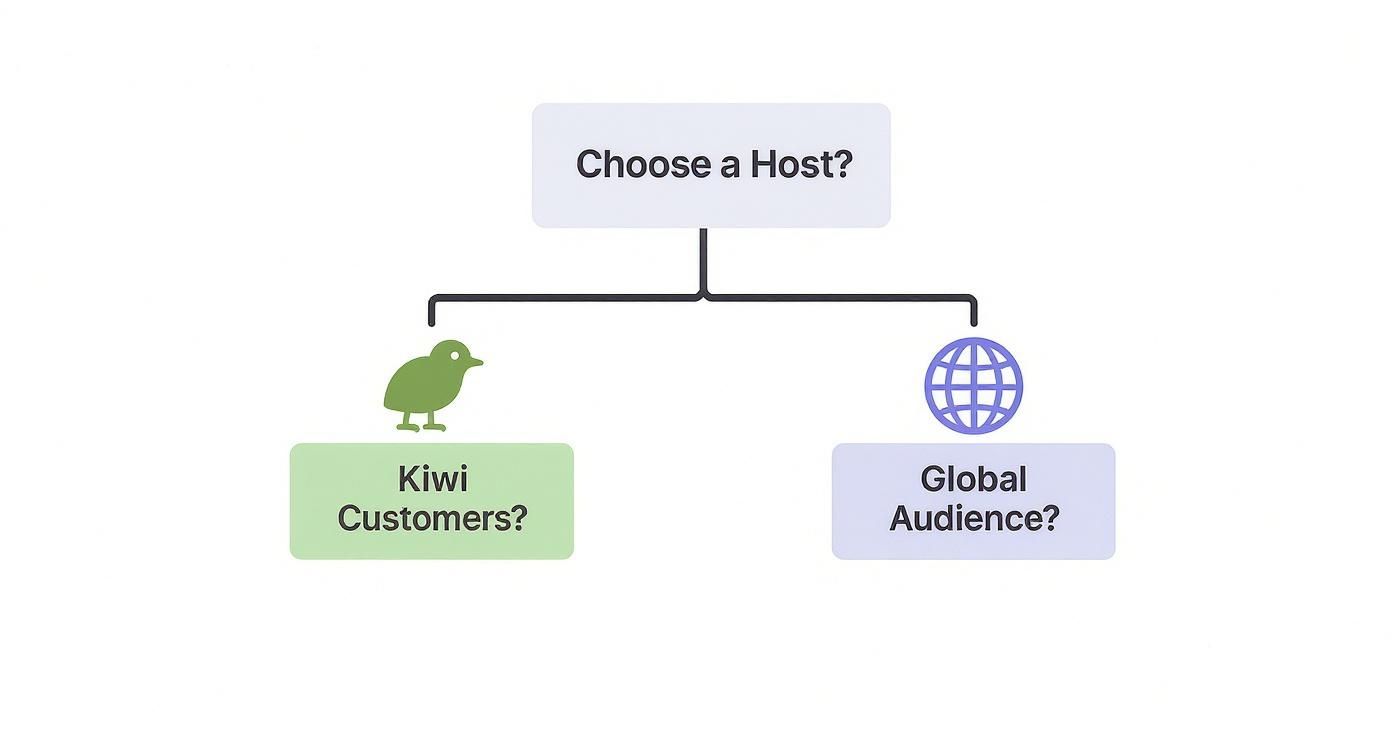 Flowchart to choose a web host: Kiwi Customers (bird icon) or Global Audience (globe icon).